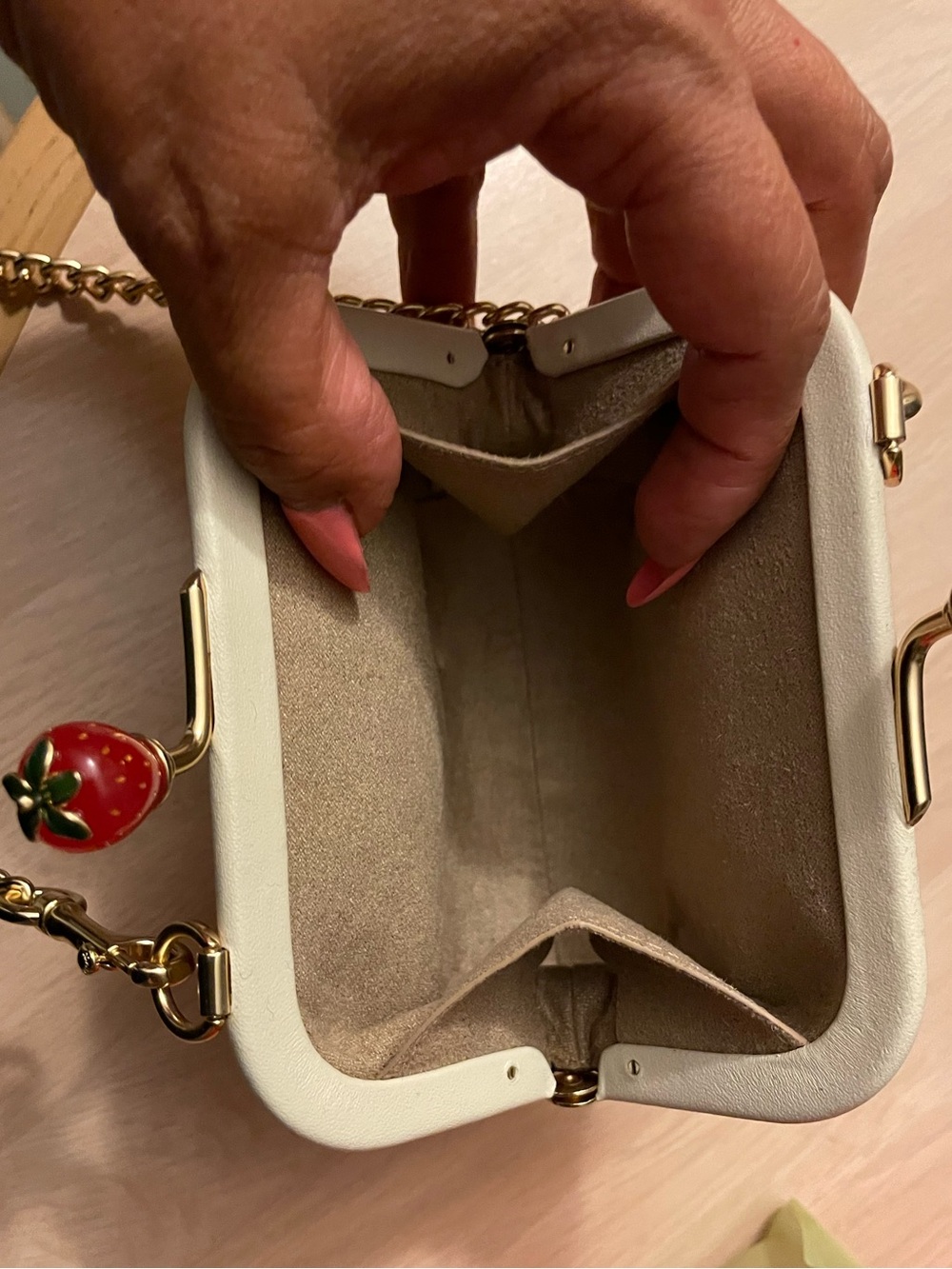Coach Cream Mini Frame Bag with Red Strawberry Print and Gold Chain - Picture 10 of 11